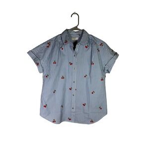 UNTUCKit Charlotte Women Blue Stripe Cherry Embroidered Button Down Shirt S